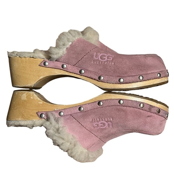 Ugg Kalie pink suede Sherpa lined studded wooden clogs - Picture 4 of 8